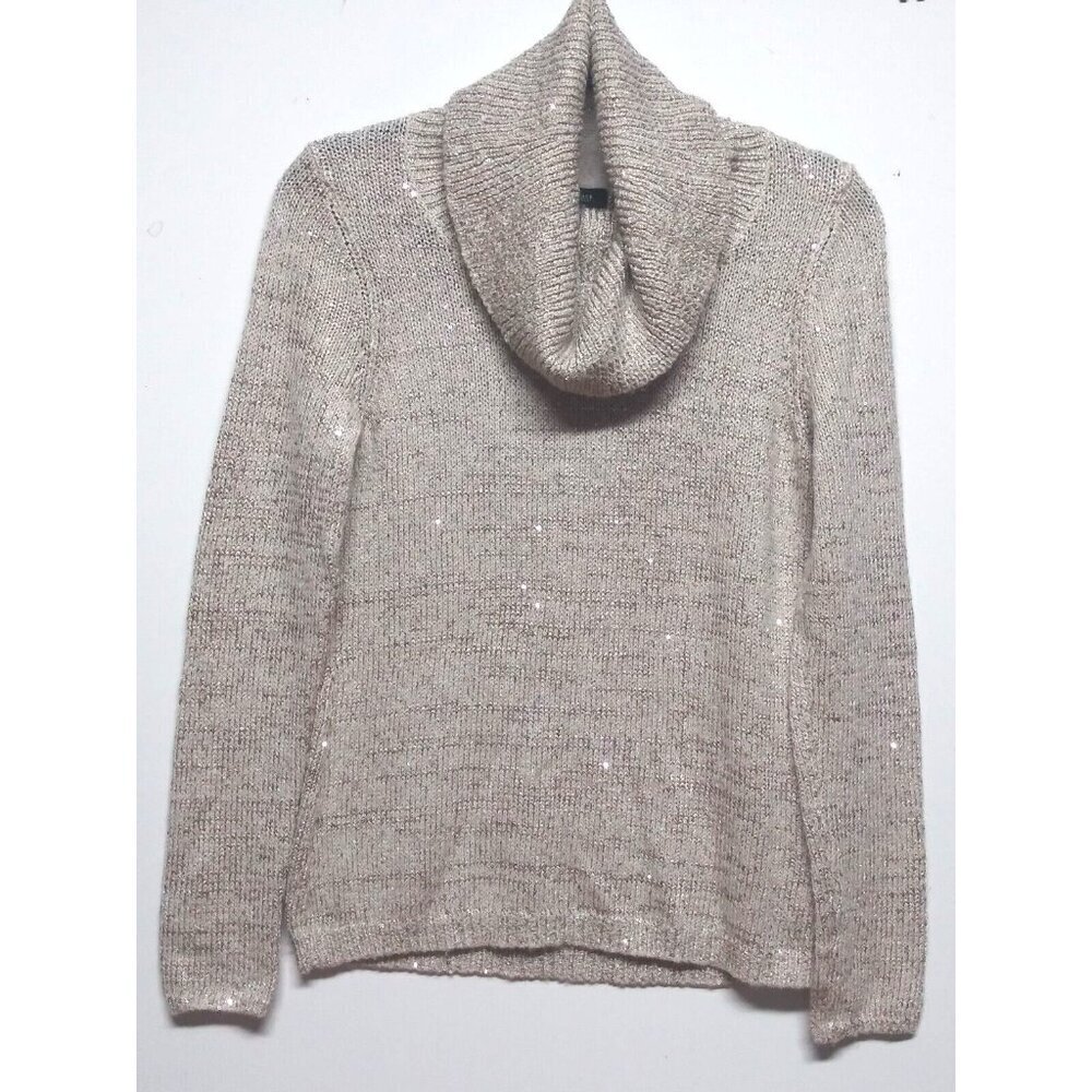WHBM SEQUIN SWEATER cowl neck long sleeve pullover taupe beige gold chic